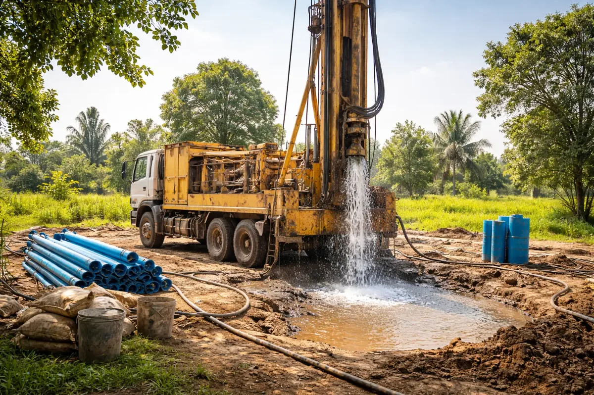Borewell rig drilling with water gushing from the bore
