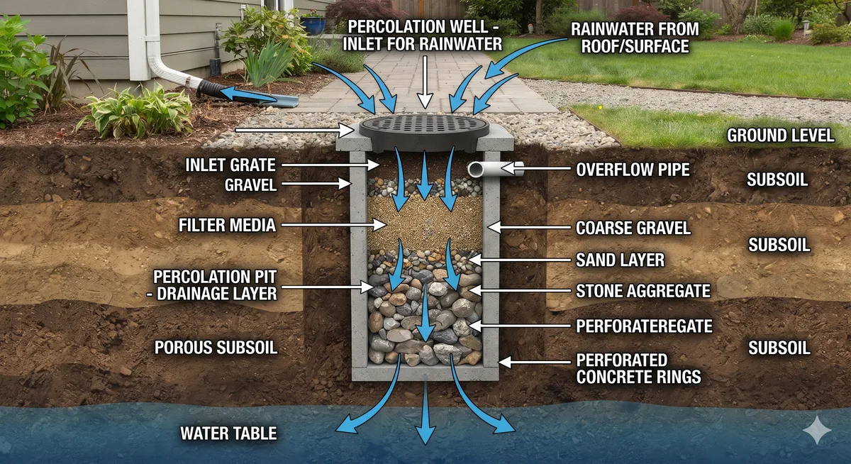 Cross-section diagram of a rain water harvesting percolation well