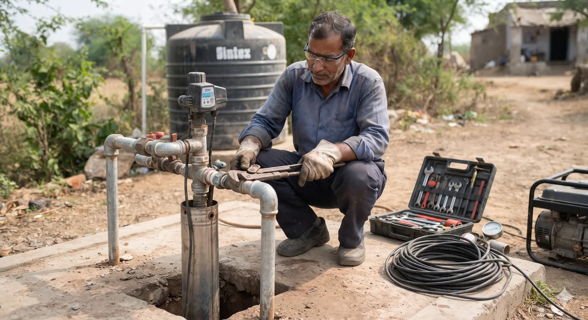 Technician repairing a borewell pump head