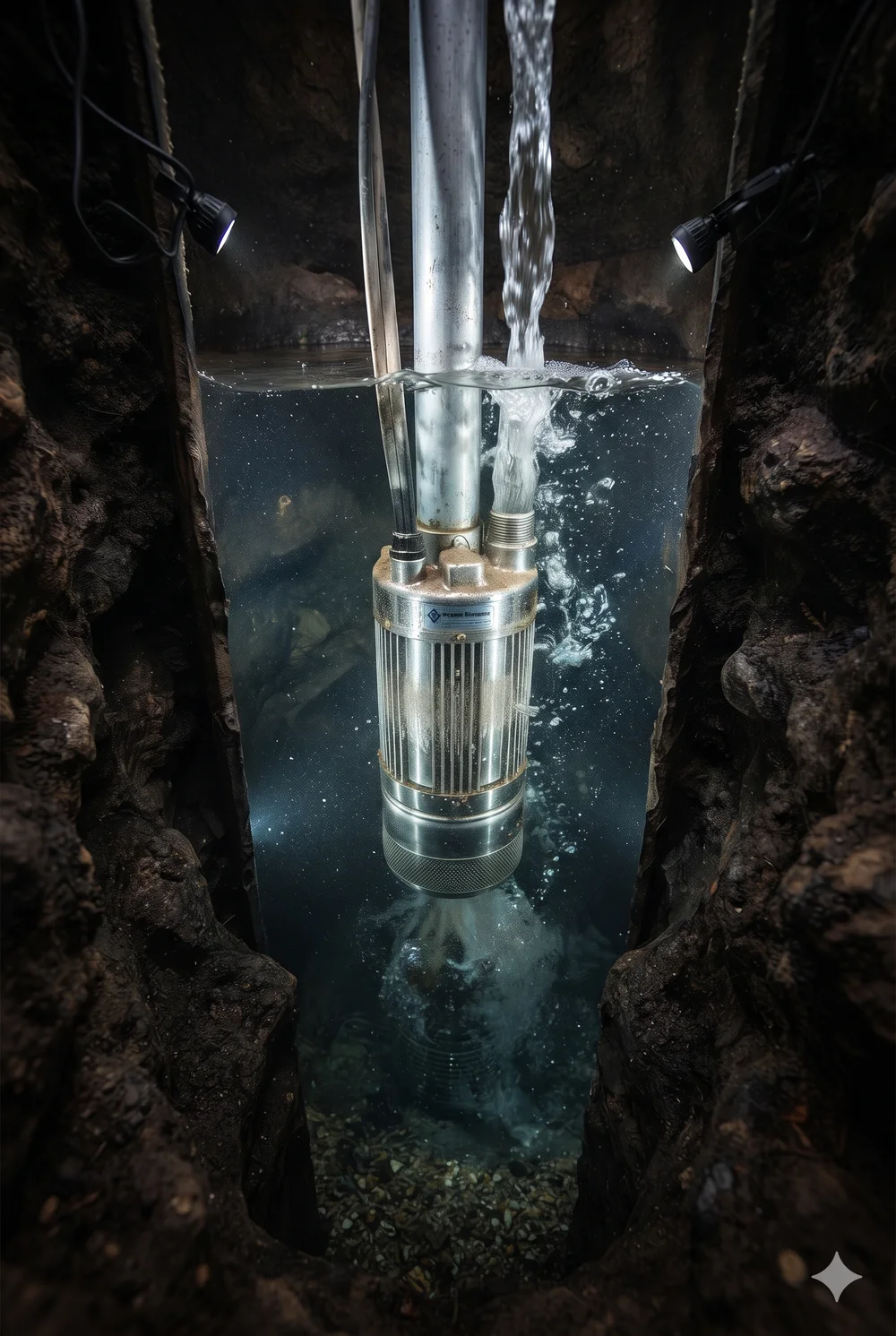Submersible pump installed inside a borewell with water flowing in
